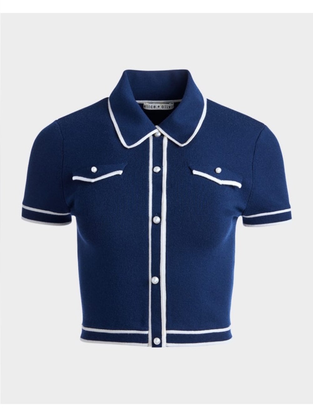 NWOT Alice + Olivia Blue Indigo & Ecru Marlena Wool Polo Top, Size S - Picture 2 of 6